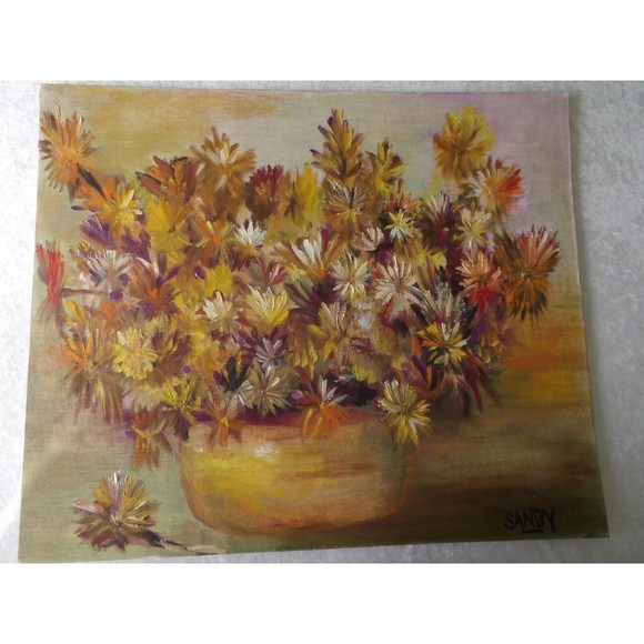 Original Vintage Oil On Canvas Planter w Flowers Painting by Artist Sandy Gordon - Picture 3 of 16